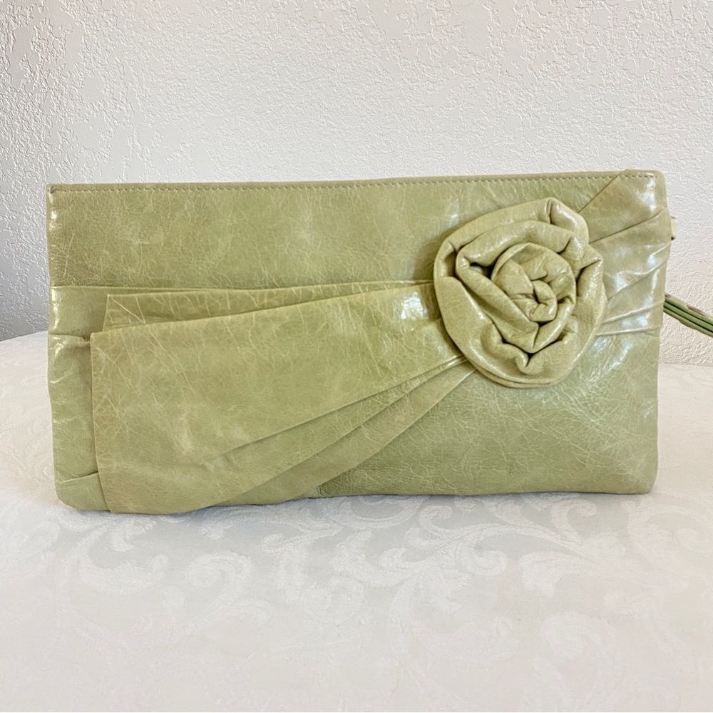 green flower bow embellished leather clutch  wristlet